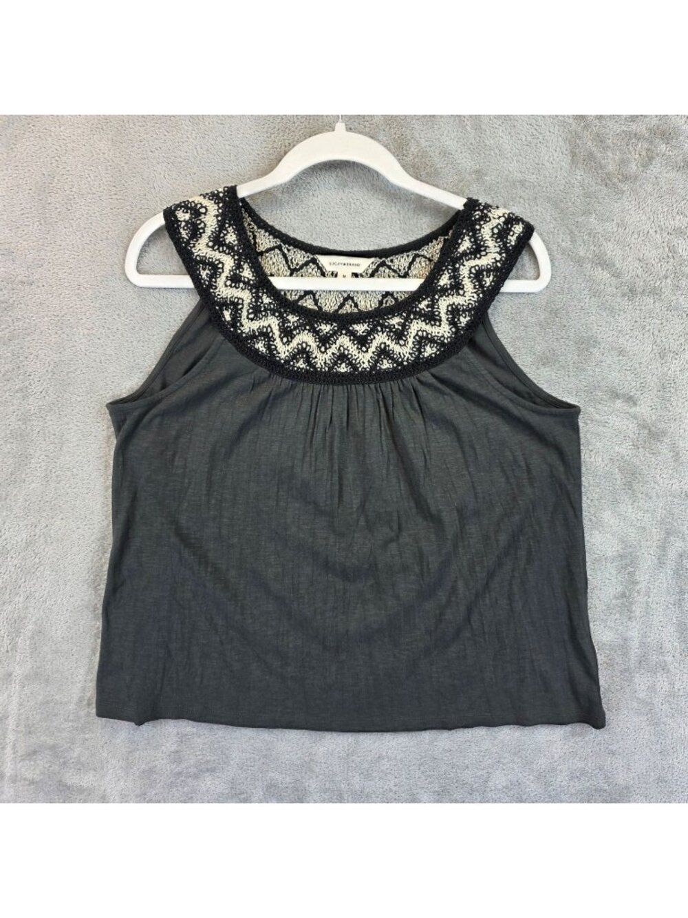 Lucky Brand Tank Top Womens M Gray 100% Cotton Crochet Lace Boho Scoop Neck